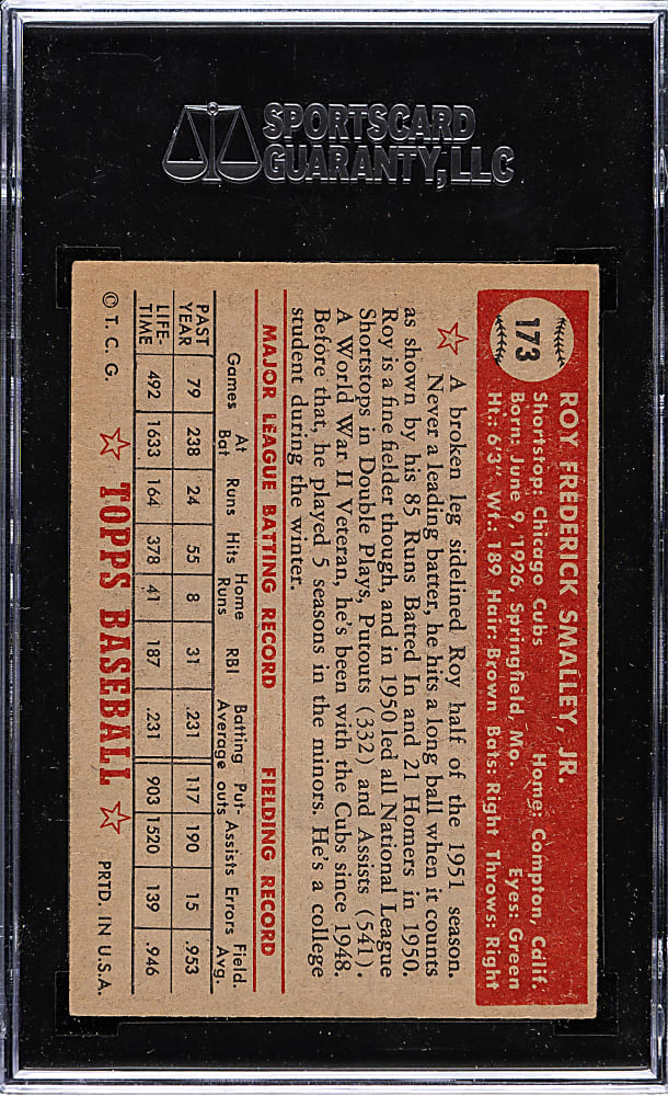 1952 Topps #173 Roy Smalley SGC VG/EX+ 55 - "Canadian" Gray Back