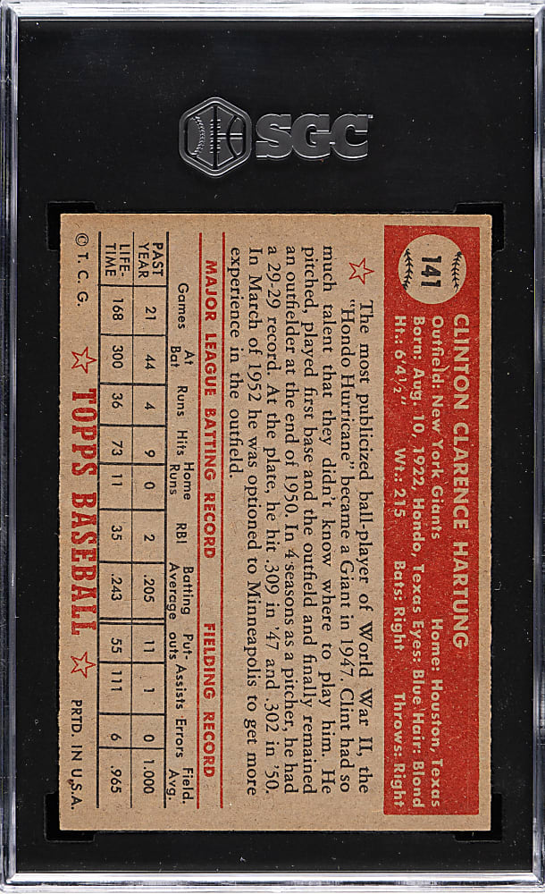 1952 Topps #141 Clint Hartung SGC VG/EX+ 4.5 - "Canadian" Gray Back