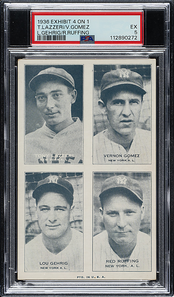 1936 Exhibits 4-on-1 with Lou Gehrig, Tony Lazzeri, Vernon Gomez, and Red Ruffing PSA EX 5