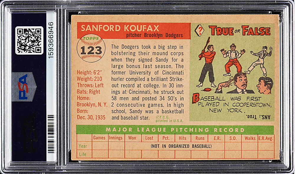 Signed 1955 Topps #123 Sandy Koufax Rookie PSA VG-EX 4 with MINT 9 Signature
