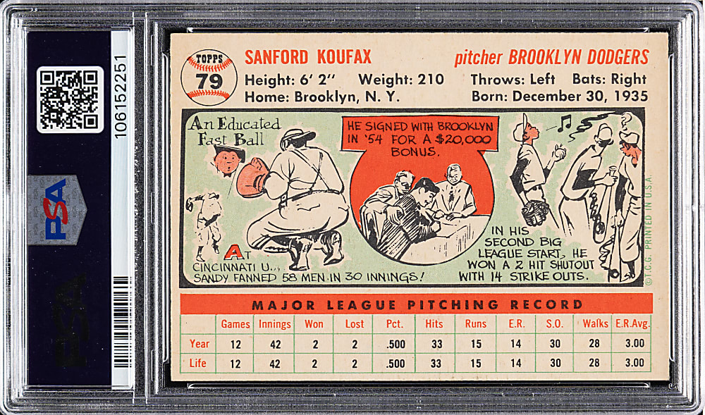Signed 1956 Topps #79 Sandy Koufax White Back with "HOF 72" Inscription PSA EX 5 with GEM MINT 10 Signature