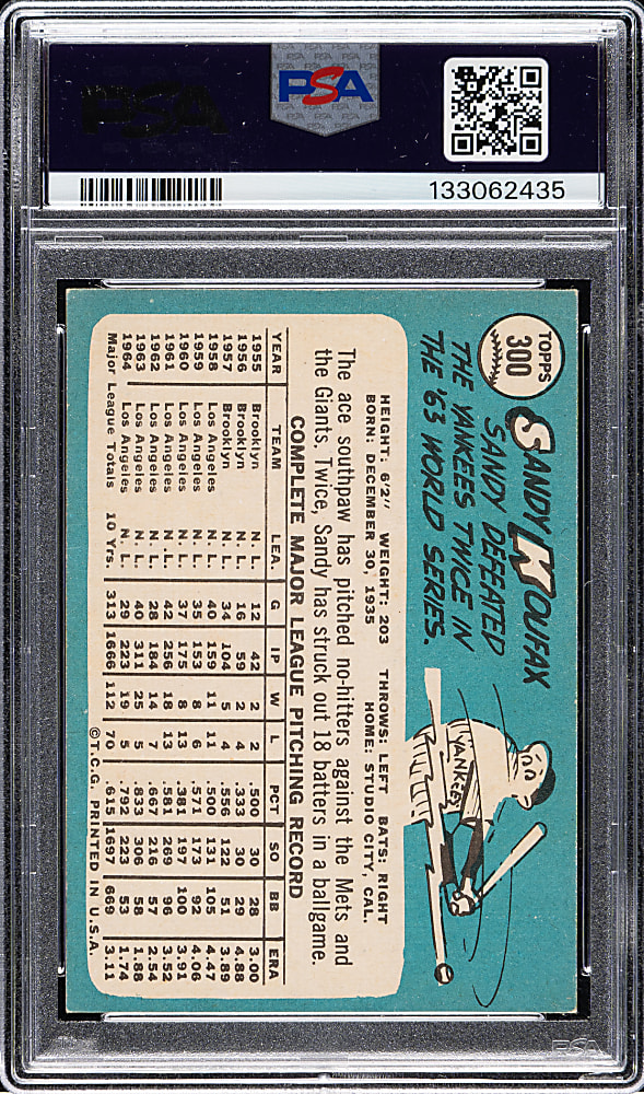 Signed 1965 Topps #300 Sandy Koufax PSA EX 5 with GEM MINT 10 Signature