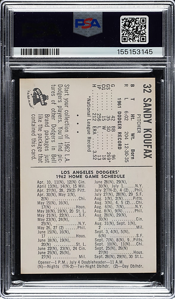 Signed 1962 Bell Brand Dodgers Sandy Koufax PSA VG 3 with GEM MINT 10 Signature