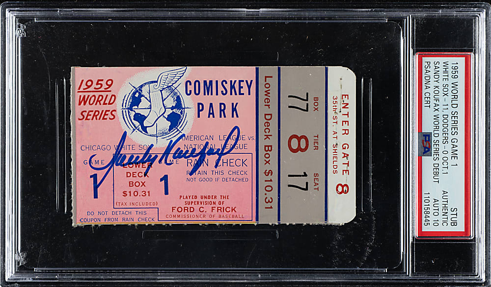 1959 Chicago White Sox (vs. Los Angeles Dodgers) World Series Game 1 Ticket Stub Signed by Sandy Koufax PSA/DNA GEM MINT 10 - Koufax World Series Debut