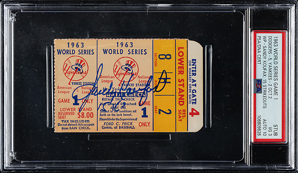 1963 New York Yankees (vs. Los Angeles Dodgers) World Series Game 1 Ticket Stub Signed by Sandy Koufax PSA VG 3 with GEM MINT 10 Signature - Koufax 15 Strikeouts