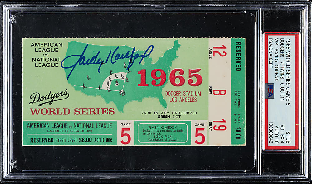 1965 Los Angeles Dodgers (vs. Minnesota Twins) World Series Game 5 Ticket Stub Signed by Sandy Koufax PSA VG-EX 4 with GEM MINT 10 Signature