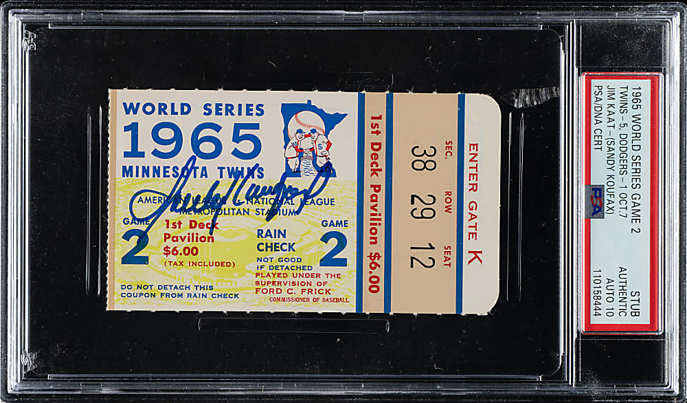 1965 Minnesota Twins (vs. Los Angeles Dodgers) World Series Game 2 Ticket Stub Signed by Sandy Koufax PSA/DNA GEM MINT 10