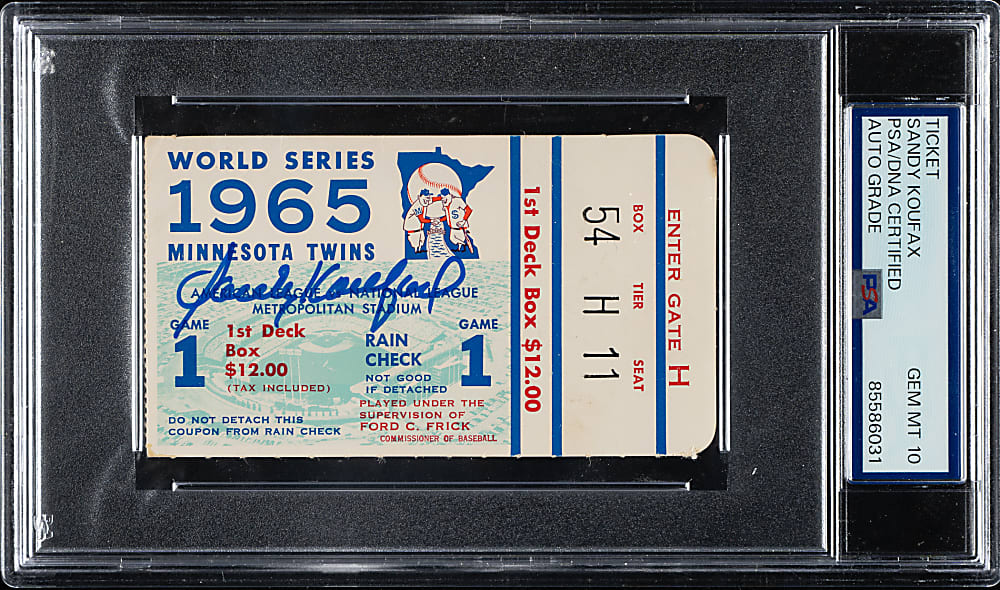 1965 Minnesota Twins (vs. Los Angeles Dodgers) World Series Game 1 Ticket Stub Signed by Sandy Koufax PSA/DNA GEM MINT 10 - Sandy Koufax Sits Out for Yom Kippur