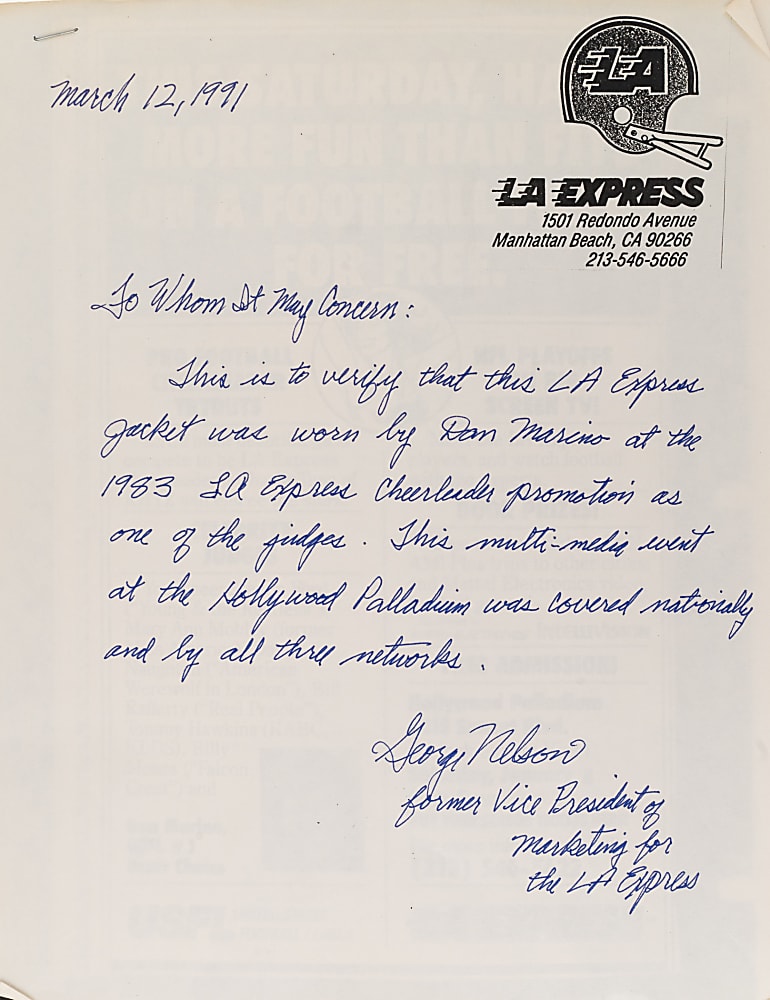 1983 Dan Marino LA Express Worn Jacket
