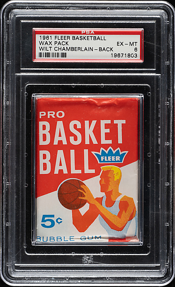 1961-1962 Fleer Basketball Unopened Wax Pack PSA EX-MT 6 - Wilt Chamberlain Rookie on Back!