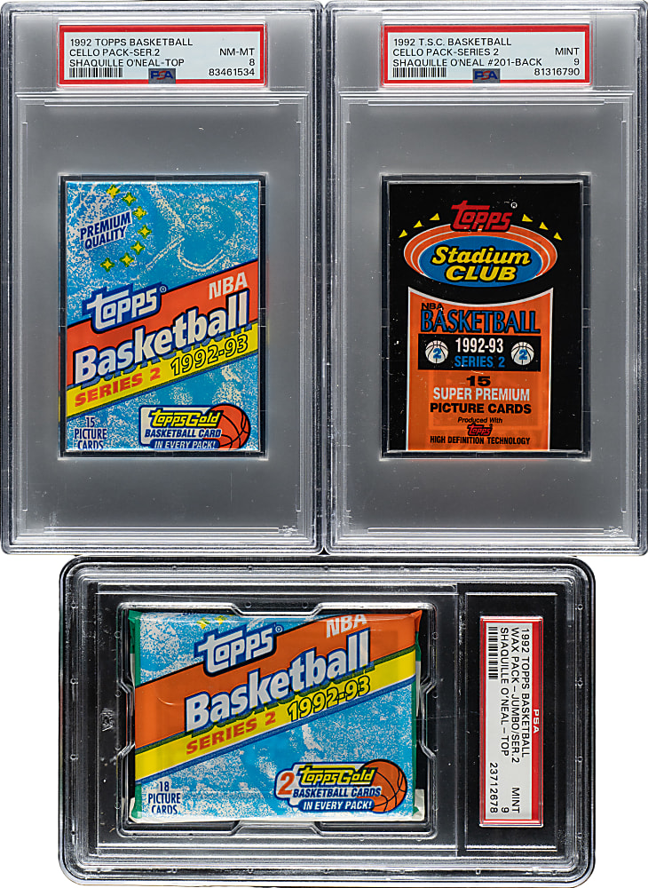 1992-1993 Topps Second Series and Topps Stadium Club Basketball Unopened Wax and Cello Pack PSA MINT 9 and NM-MT 8 Trio - Shaquille O'Neal Rookies Showing