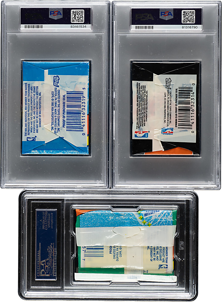 1992-1993 Topps Second Series and Topps Stadium Club Basketball Unopened Wax and Cello Pack PSA MINT 9 and NM-MT 8 Trio - Shaquille O'Neal Rookies Showing