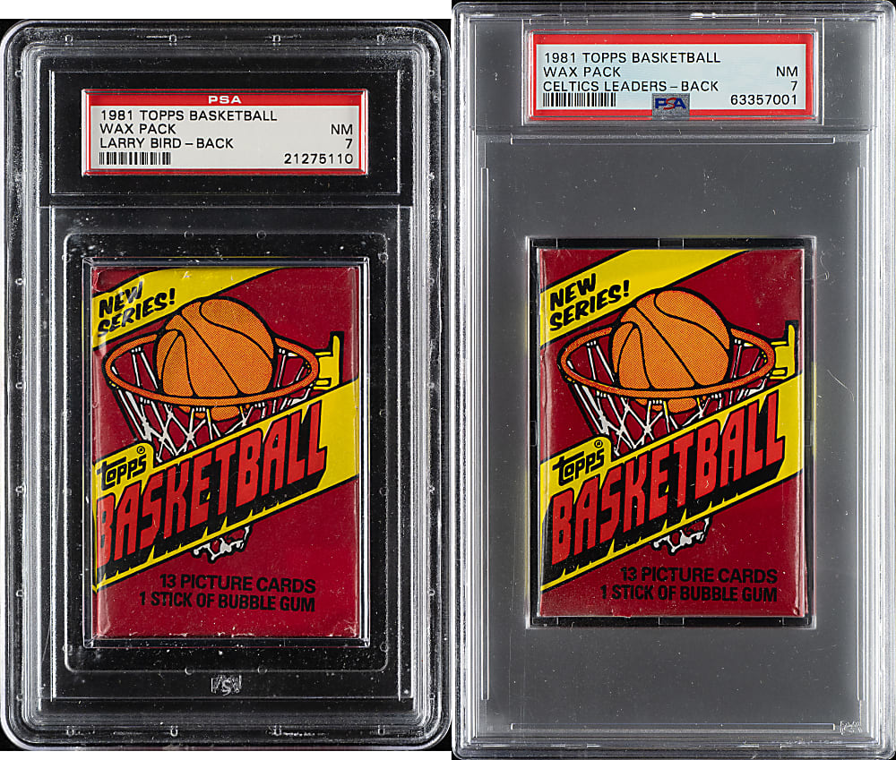 1981-1982 Topps Basketball Unopened Wax Pack PSA NM 7 Pair - Larry Bird and Celtics Leaders on Back