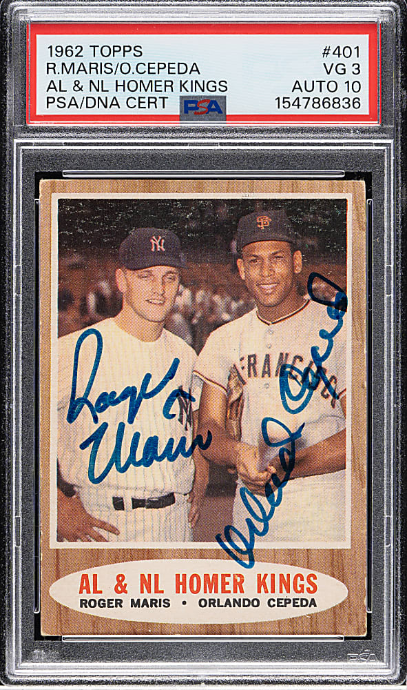 Signed 1962 Topps #401 A.L. & N.L. Homer Kings with Roger Maris and Orlando Cepeda PSA VG 3 with GEM MINT 10 Signature