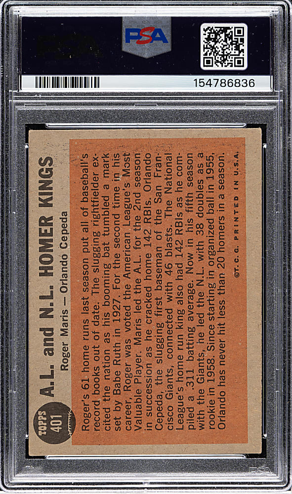 Signed 1962 Topps #401 A.L. & N.L. Homer Kings with Roger Maris and Orlando Cepeda PSA VG 3 with GEM MINT 10 Signature