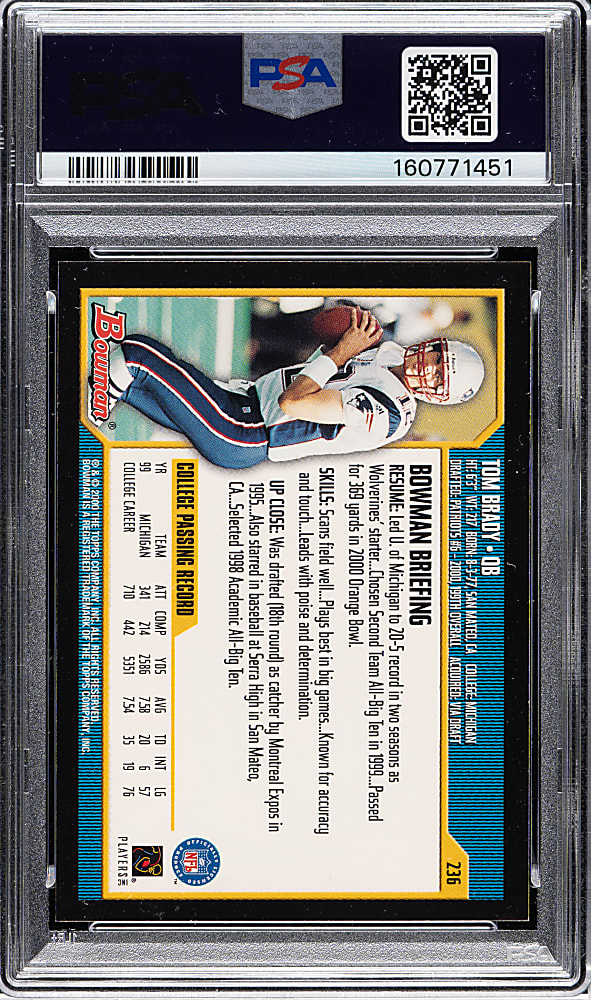 2000 Bowman Football #236 Tom Brady Rookie PSA MINT 9