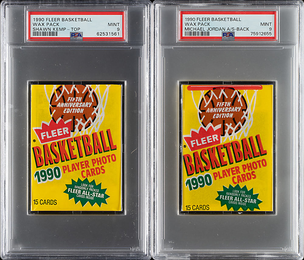 1990-1991 Fleer Basketball Unopened Wax Pack PSA MINT 9 Pair - Michael Jordan All-Star on Back  and Shawn Kemp on Top