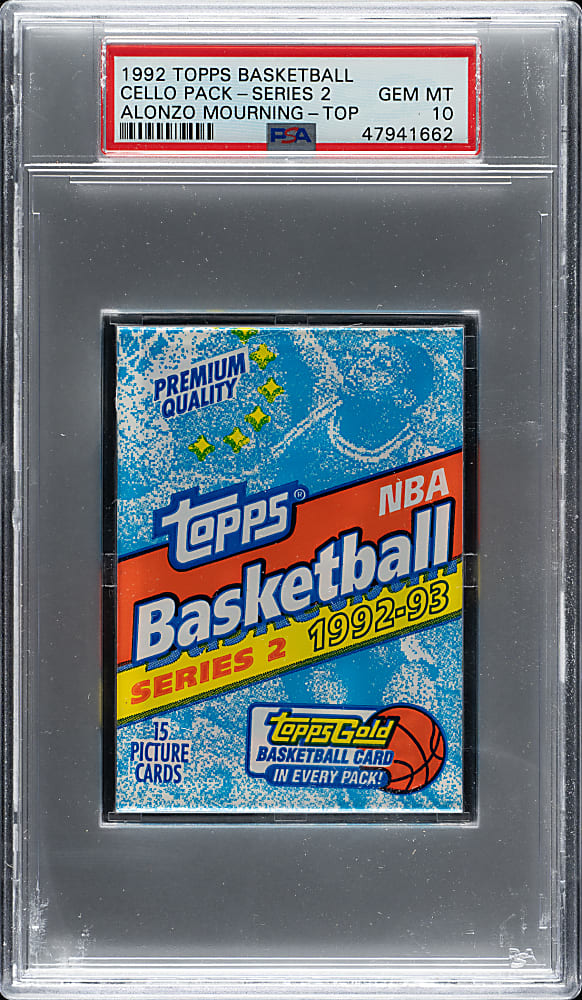1992-1993 Topps Basketball Second Series Unopened Cello Pack PSA GEM MINT 10 - Alonzo Mourning Rookie on Top