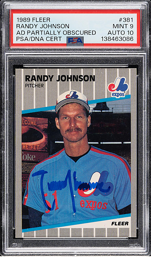 1989 Fleer #381 Randy Johnson Rookie Ad Partially Obscured PSA MINT 9 with GEM MINT 10 Signature