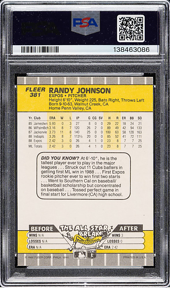 1989 Fleer #381 Randy Johnson Rookie Ad Partially Obscured PSA MINT 9 with GEM MINT 10 Signature