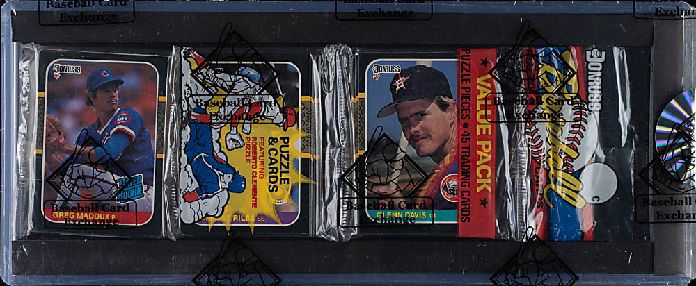 1987 Donruss Unopened Rack Pack - BBCE - Greg Maddux Rookie on Top