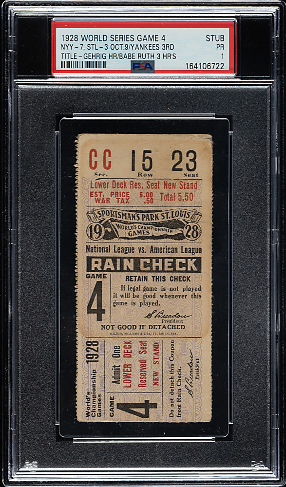 1928 St. Louis Cardinals (vs. New York Yankees) World Series Game 4 Ticket Stub PSA POOR 1 - Lou Gehrig Home Run and Babe Ruth Hits Three Home Runs!