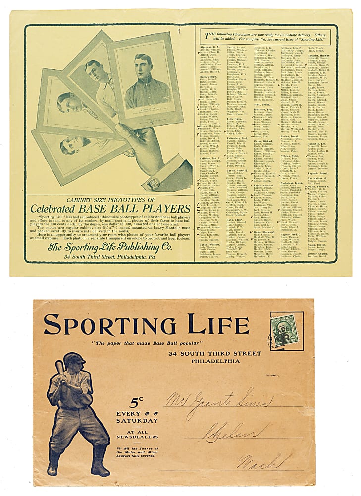 1911 M110 Sporting Life Cabinet Original Mailing Envelope with Honus Wagner Plus Two W600 and W601 Advertising Displays