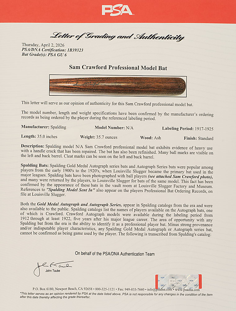 1917-1925 Sam Crawford Detroit Tigers Game-Used Bat PSA/DNA GU 6