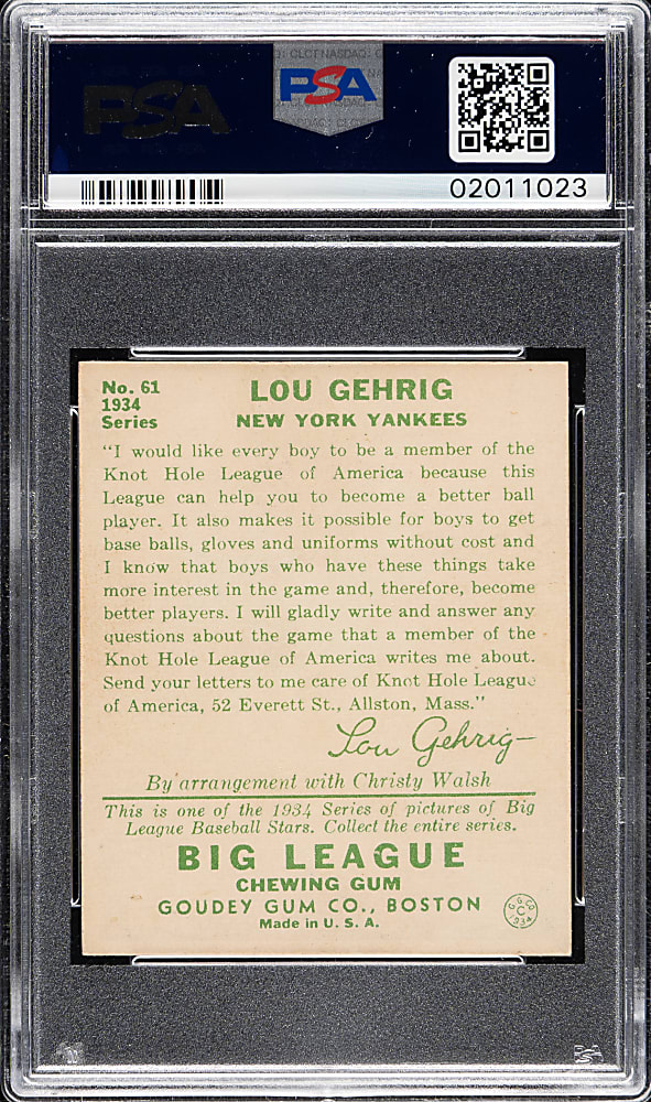 1934 R320 Goudey #61 Lou Gehrig PSA NM-MT 8