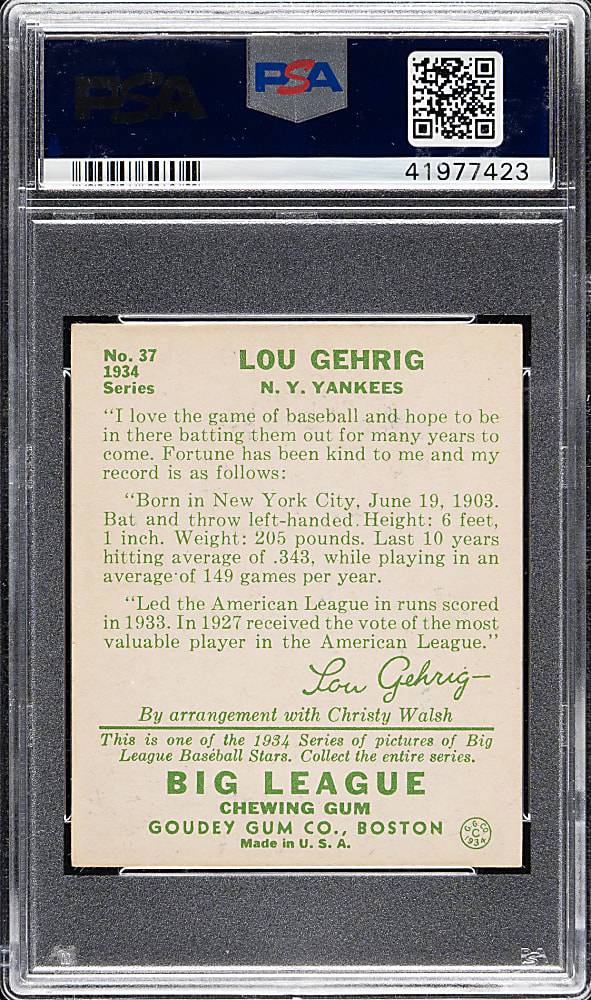 1934 R320 Goudey #37 Lou Gehrig PSA NM-MT 8