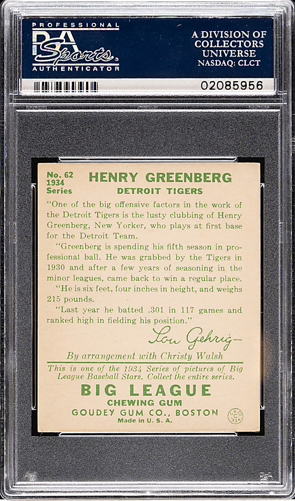 1934 R320 Goudey #62 Hank Greenberg Rookie PSA NM-MT 8