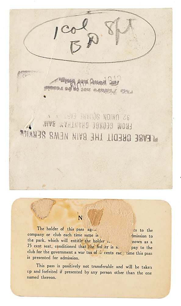 Circa 1910s Charles Murphy Original Bain News Service Photograph PSA/DNA Type I and 1919 Season Pass Pair