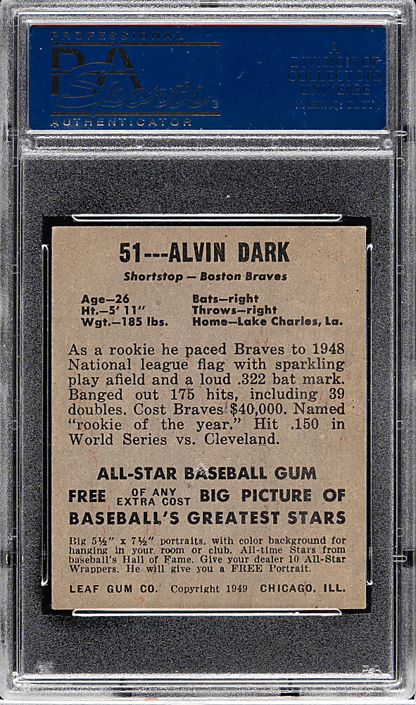 1948-1949 Leaf #51 Alvin Dark Short Print PSA NM 7