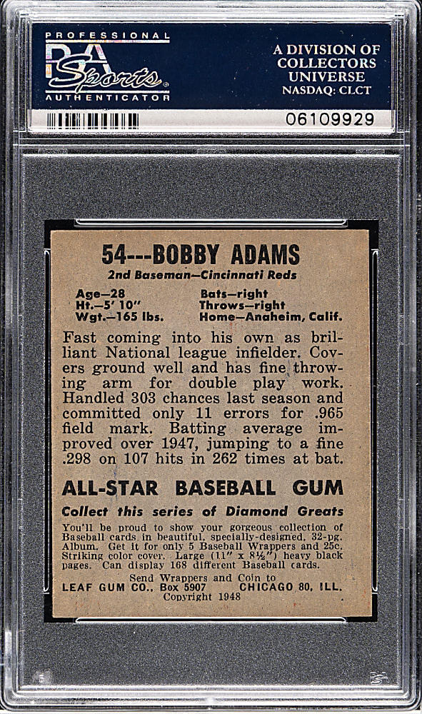 1948-1949 Leaf #54 Bobby Adams Short Print PSA NM-MT 8 - Highest Graded!