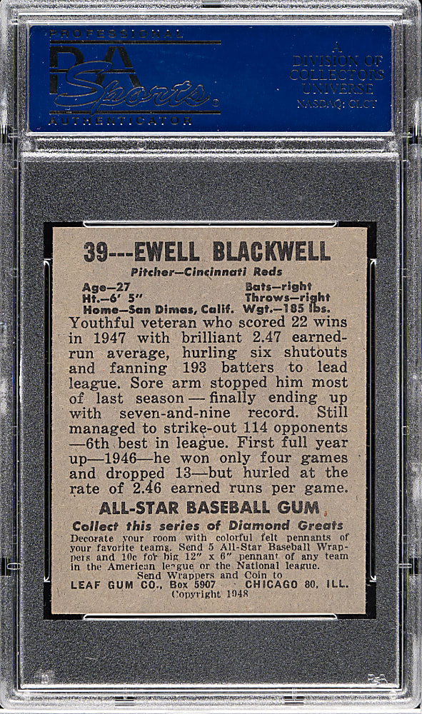 1948-1949 Leaf #39 Ewell Blackwell PSA NM-MT 8