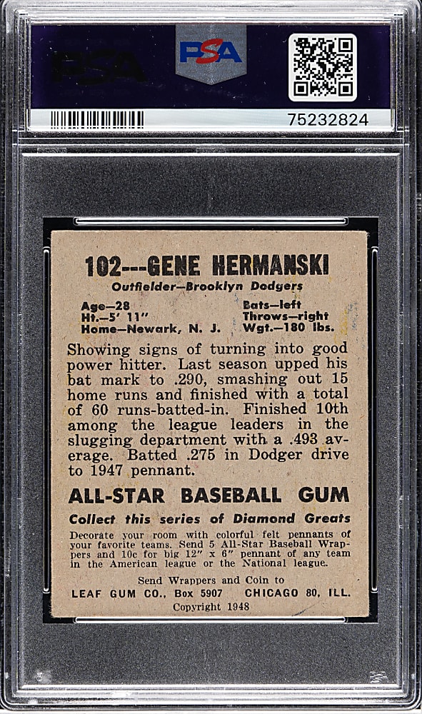 1948-1949 Leaf #102 Gene Hermanski Error Card PSA VG 3