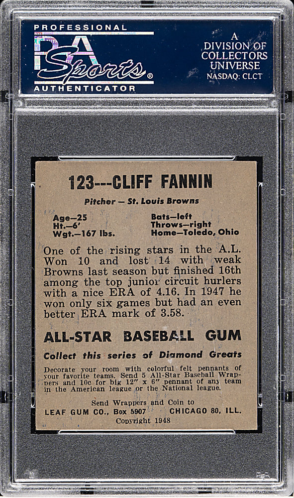 1948-1949 Leaf #123 Clifford Fannin Short Print PSA EX-MT 6