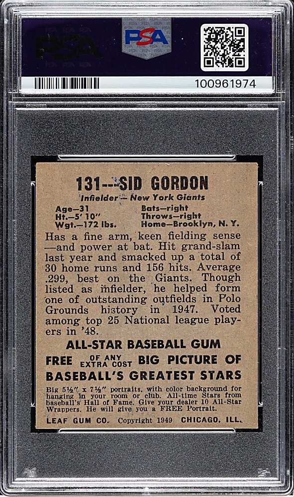 1948-1949 Leaf #131 Sid Gordon Short Print PSA EX-MT 6
