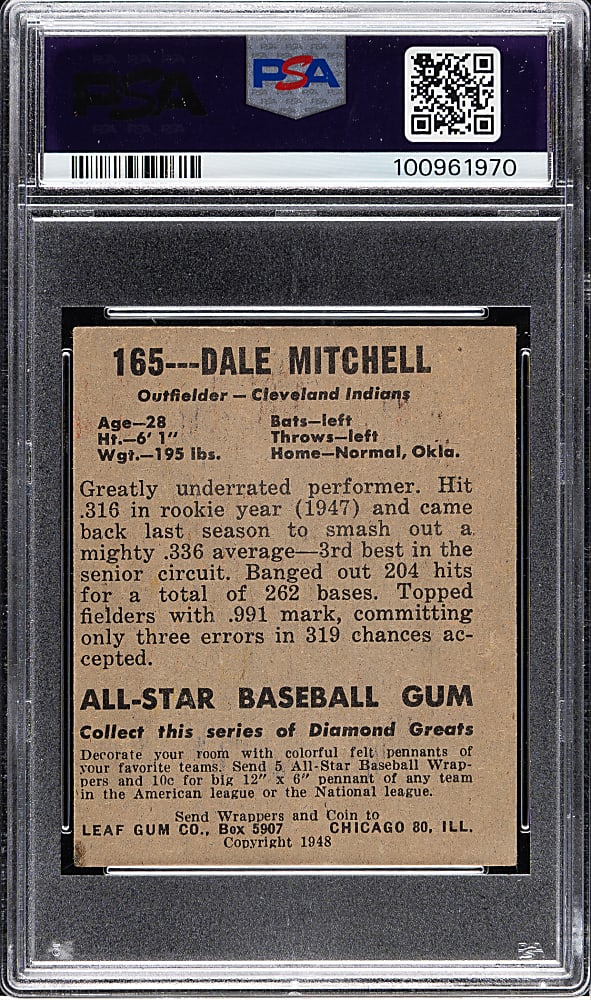 1948-1949 Leaf #165 Dale Mitchell Short Print PSA EX-MT 6