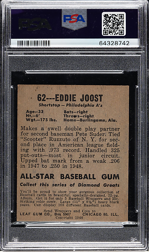 1948-1949 Leaf #62 Eddie Joost Short Print PSA EX-MT 6