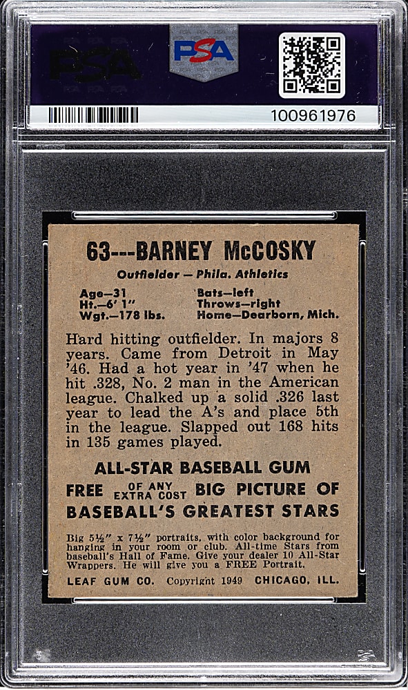 1948-1949 Leaf #63 Barney McCosky Short Print PSA EX 5