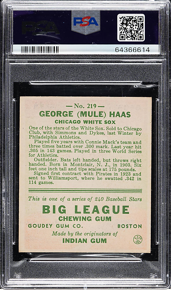 1933 R319 Goudey #219 Mule Haas PSA NM 7