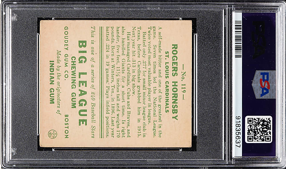 1933 R319 Goudey #119 Rogers Hornsby PSA VG+ 3.5