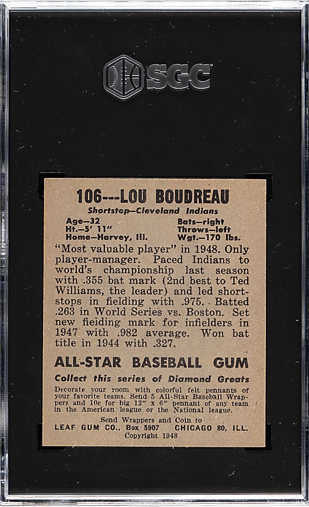 1948-1949 Leaf #106 Lou Boudreau SGC EX/NM 6