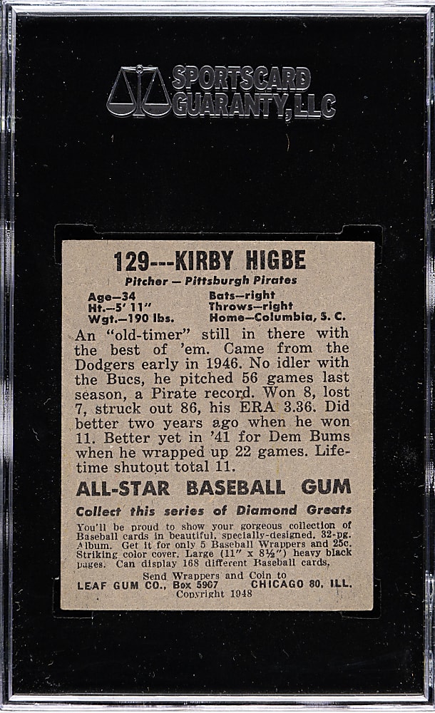 1948-1949 Leaf #129 Kirby Higbe Short Print SGC EX+ 70
