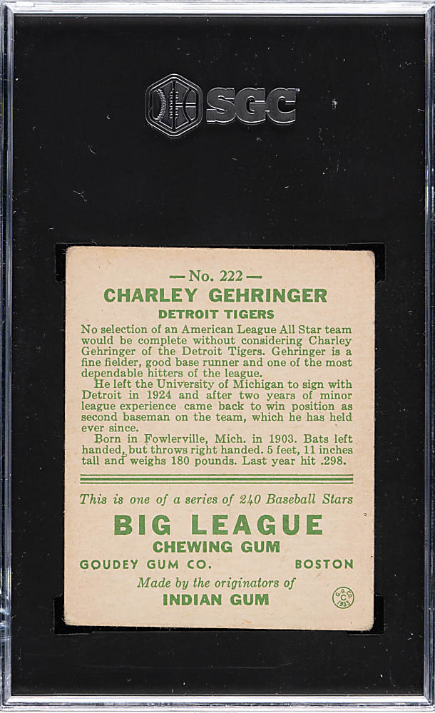 1933 R319 Goudey #222 Charley Gehringer SGC VG+ 3.5