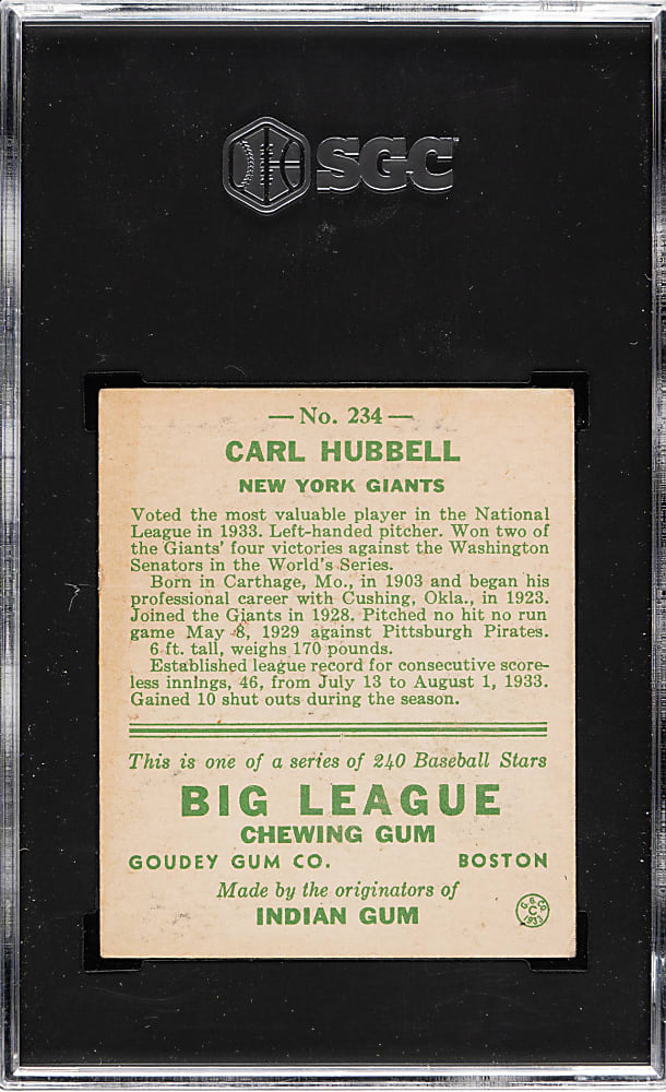 1933 R319 Goudey #234 Carl Hubbell SGC EX+ 5.5
