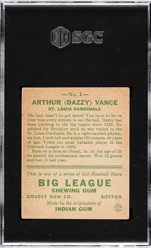 1933 R319 Goudey #2 Dazzy Vance SGC VG/EX 4