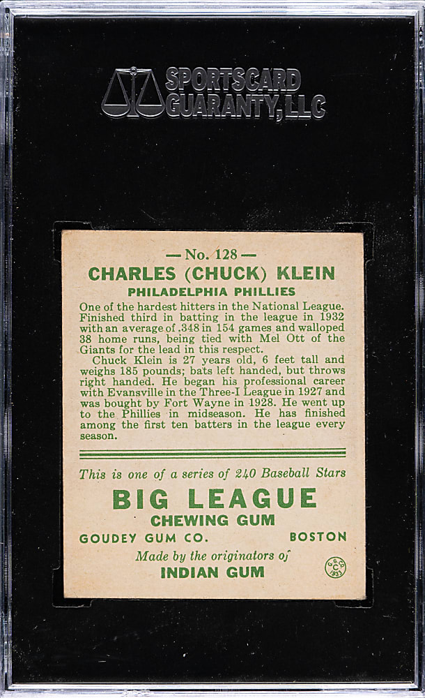 1933 R319 Goudey #128 Chuck Klein SGC EX 60