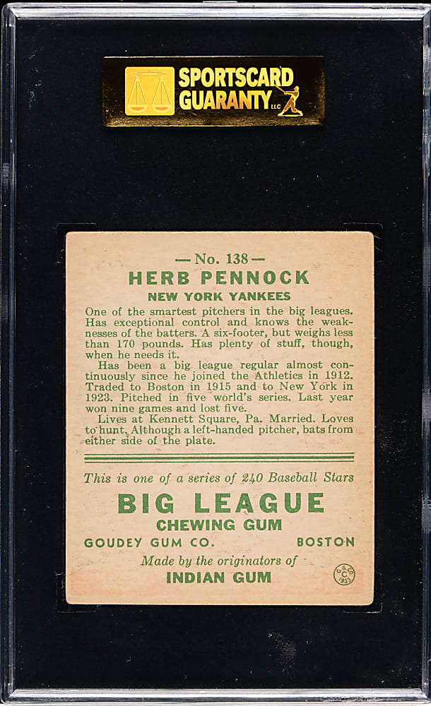 1933 R319 Goudey #138 Herb Pennock SGC EX 60
